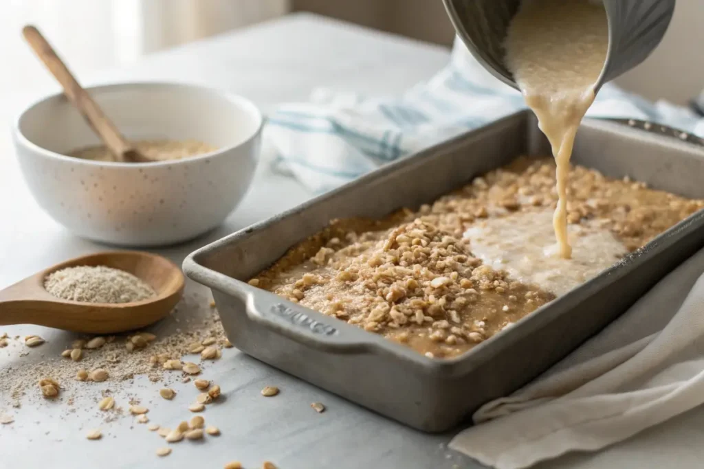 Batter being poured into a baking pan while oatmeal streusel is sprinkled on top, with a wooden spoon nearby.