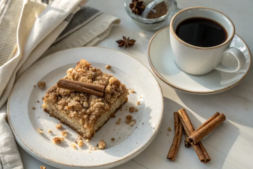 A slice of coffee cake with oatmeal streusel on a white ceramic plate, garnished with cinnamon sticks and served with coffee.