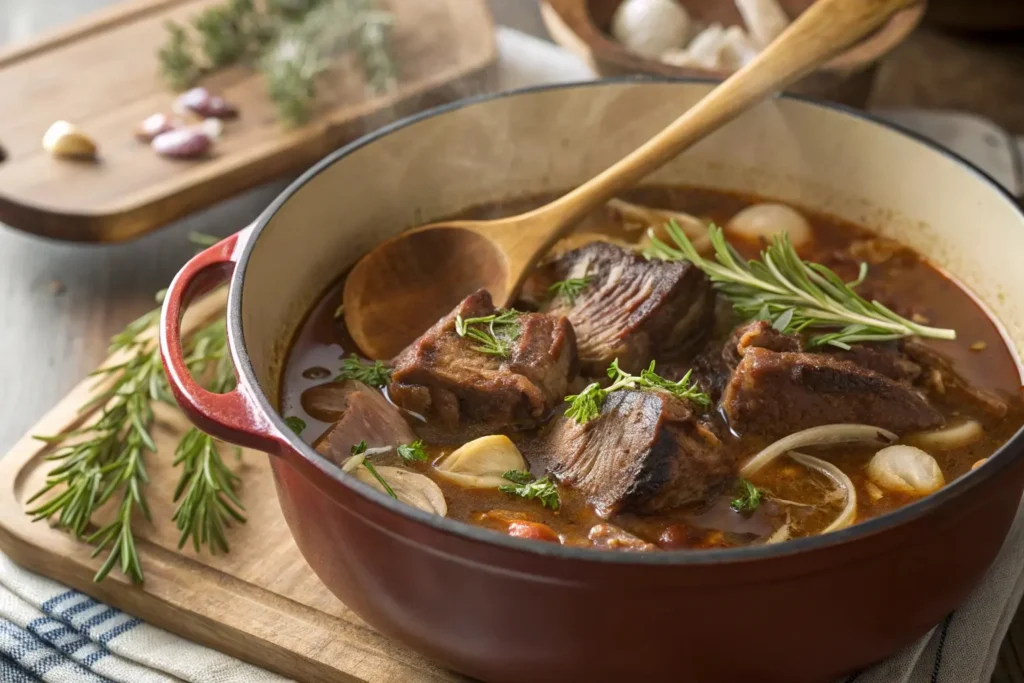 Beef short ribs simmering in a Dutch oven with broth, onions, and herbs.