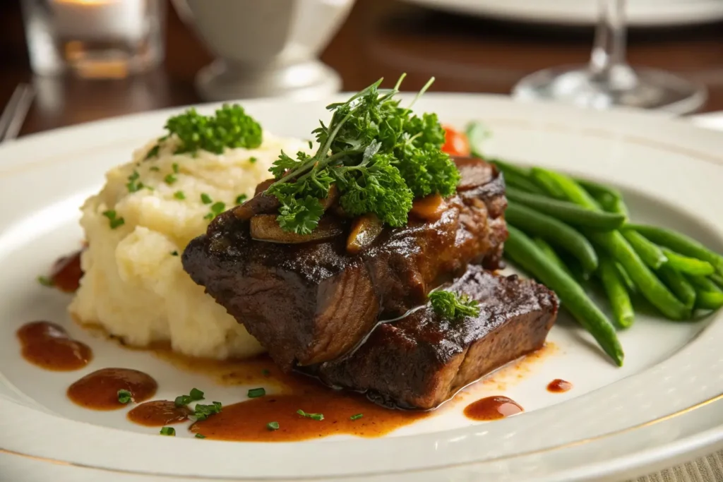 Plated beef short ribs with oxtail seasoning, mashed potatoes, and green beans.