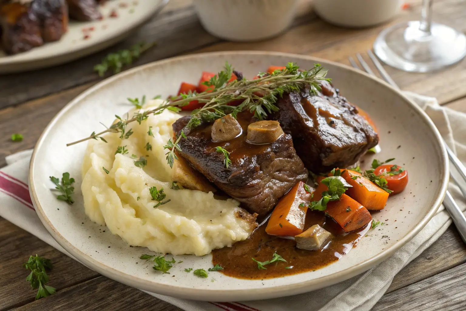 Tender beef short ribs seasoned with oxtail seasoning, served with mashed potatoes and roasted vegetables.