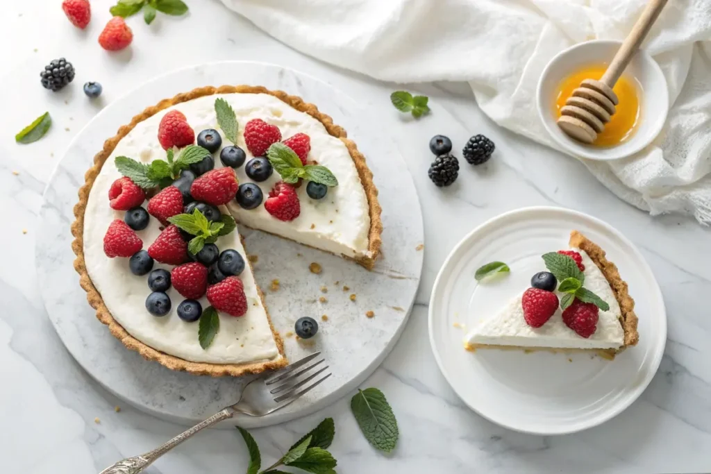No-bake cottage cheese pie topped with fresh berries and mint