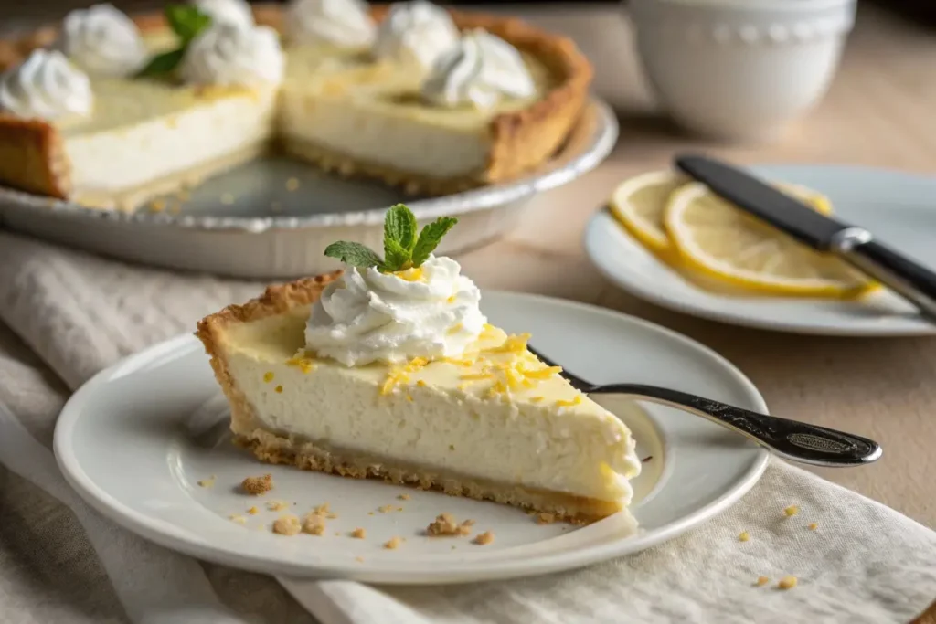 Slice of creamy cottage cheese pie with whipped cream and lemon zest