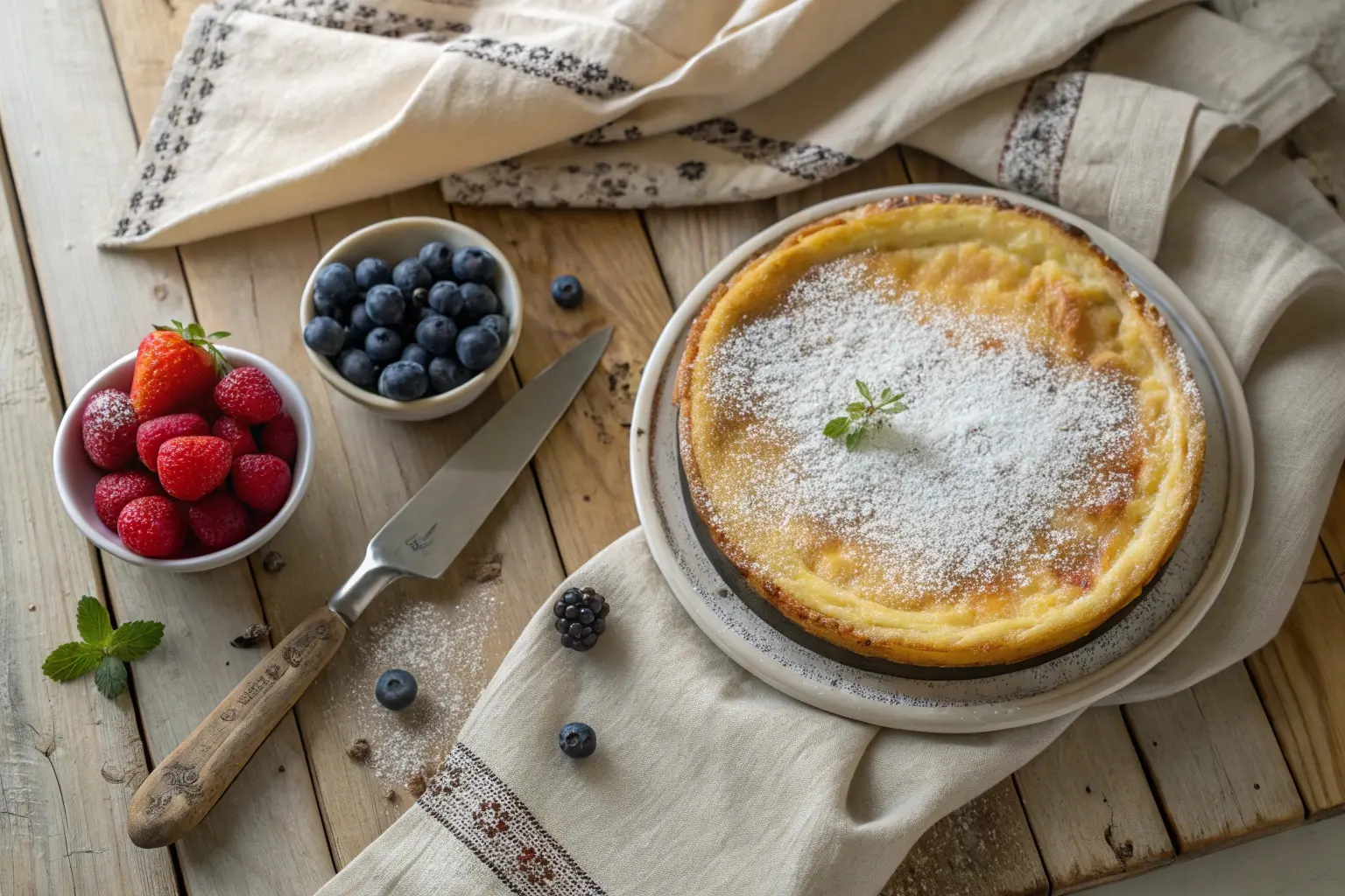 Golden-brown baked cottage cheese pie topped with powdered sugar
