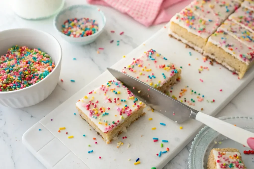 A sharp knife slicing through no-bake birthday cake bars, revealing layers of colorful sprinkles and creamy frosting.