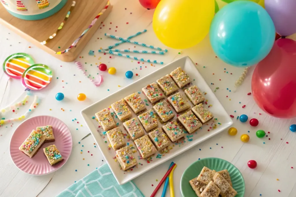 No-bake birthday cake bars displayed on a dessert table surrounded by balloons, confetti, and festive party decorations.