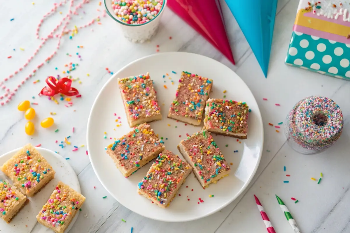 Vibrant no-bake birthday cake bars topped with colorful sprinkles, arranged on a white plate with a festive party backdrop.