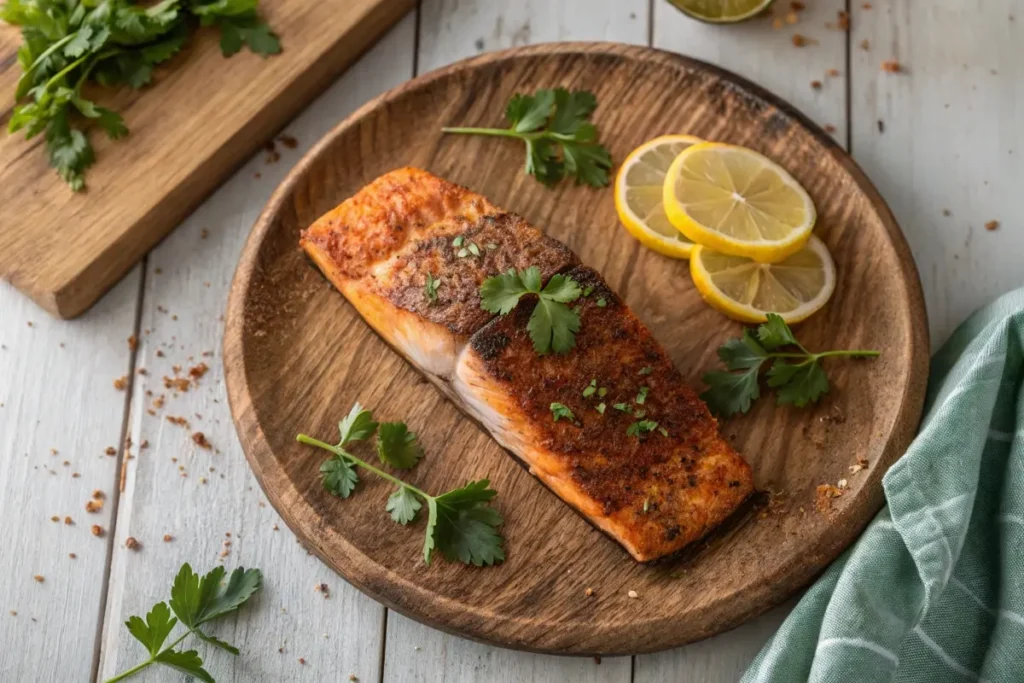 A perfectly seared salmon fillet with an Asian spice rub, garnished with fresh cilantro and lemon wedges, served on a rustic wooden plate.