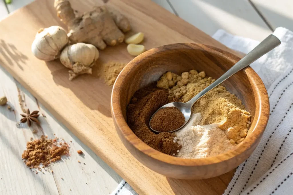 A wooden bowl filled with a blend of ground ginger, five-spice, garlic powder, and honey powder, with a small spoon for mixing.