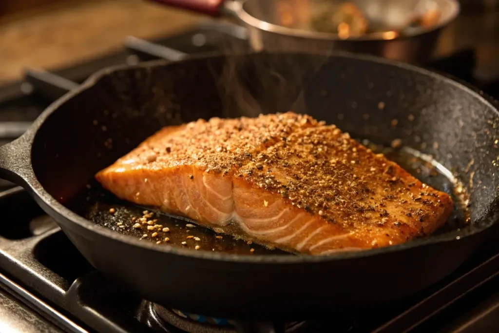 A salmon fillet sizzling in a cast-iron pan, coated with an aromatic Asian spice rub, forming a golden-brown crust.