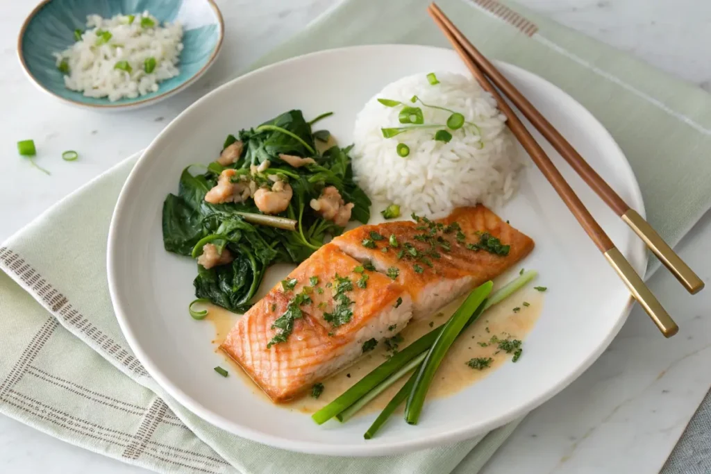 A plated salmon fillet topped with fresh herbs, served alongside jasmine rice and stir-fried greens, with chopsticks resting nearby.