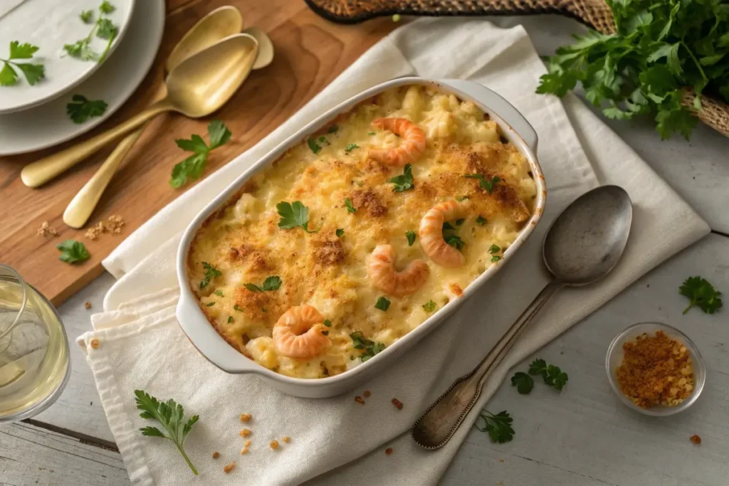 Golden baked seafood mac and cheese in a casserole dish garnished with parsley and breadcrumbs.