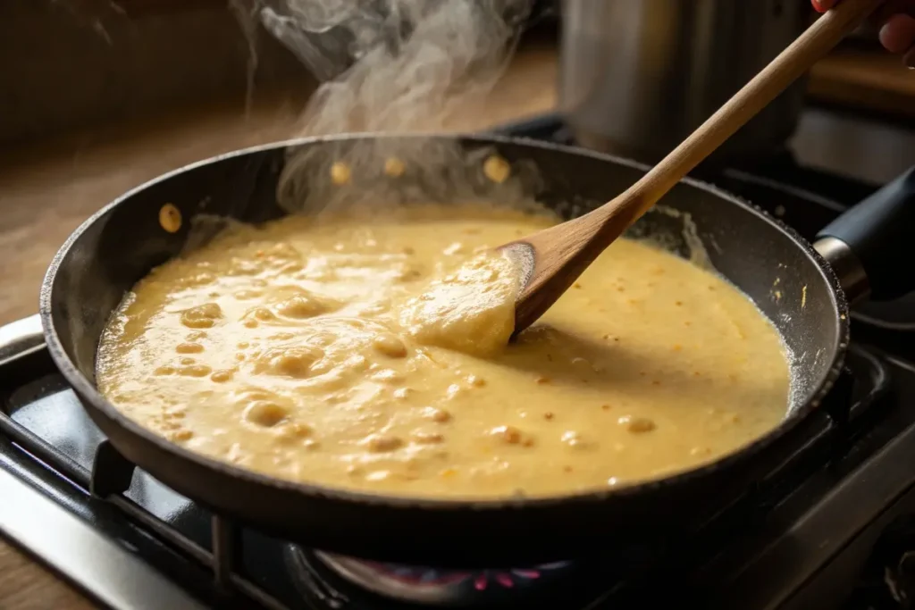 Smooth, bubbling cheese sauce in a pan being stirred with a wooden spoon, with steam rising.