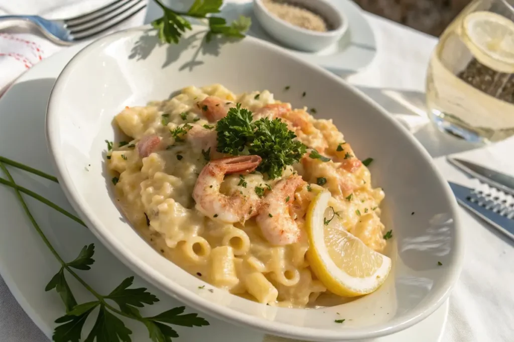 A serving of seafood mac and cheese garnished with parsley and lemon on a white plate with a fork beside it.