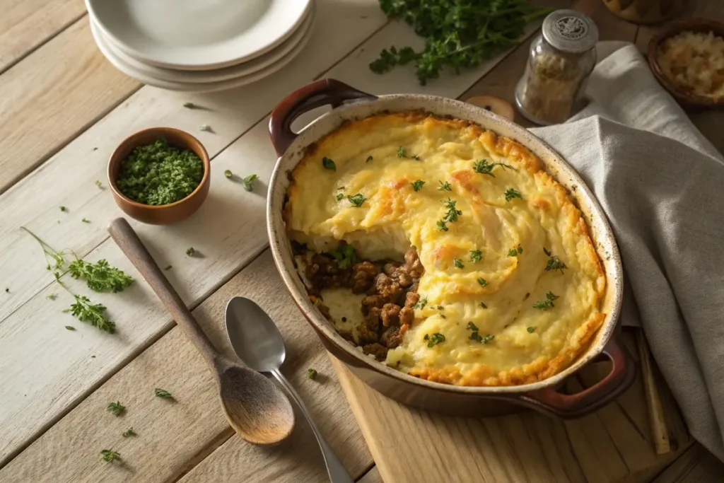 Golden shepherd's pie topped with Velveeta mashed potatoes and parsley, baked in a rustic casserole dish.