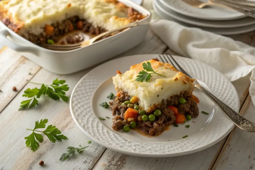 A plated slice of shepherd’s pie with layers of savory meat, vegetables, and Velveeta mashed potatoes