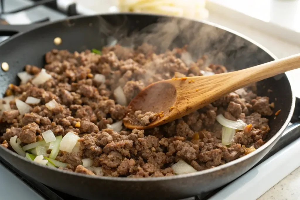Ground beef browning in a skillet with onions, garlic, and seasonings for shepherd’s pie filling.