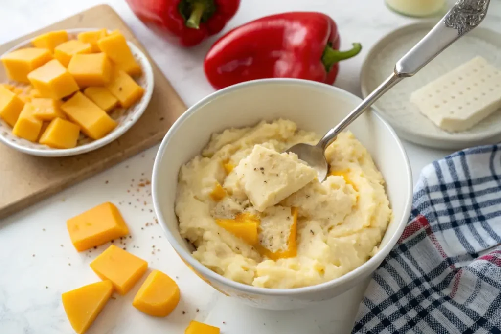 Creamy mashed potatoes mixed with Velveeta cheese, ready for shepherd’s pie topping.