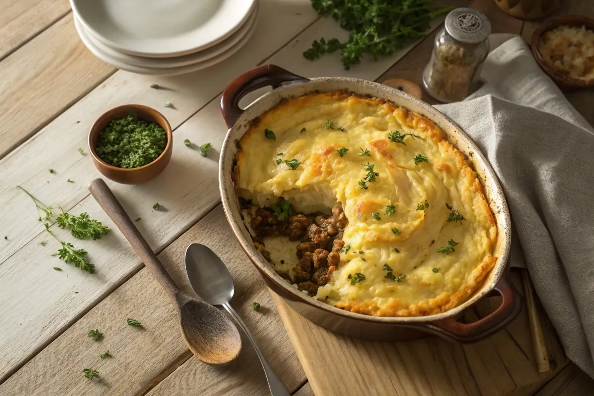 Golden shepherd's pie topped with Velveeta mashed potatoes and parsley, baked in a rustic casserole dish.