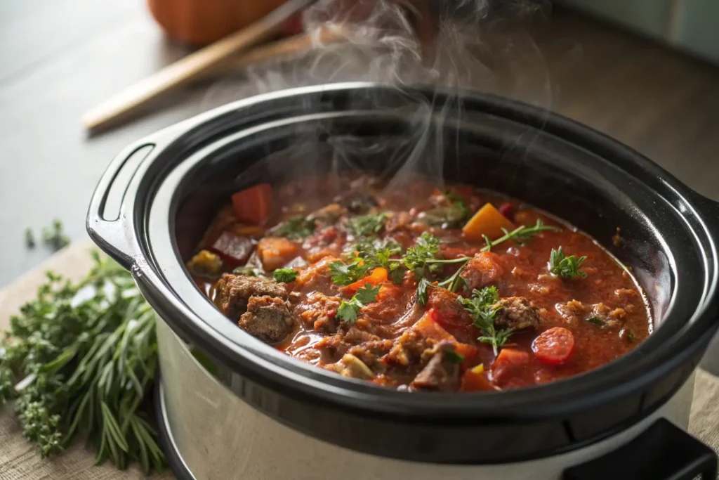  Slow cooker filled with beef, vegetables, and tomato sauce, topped with fresh herbs.