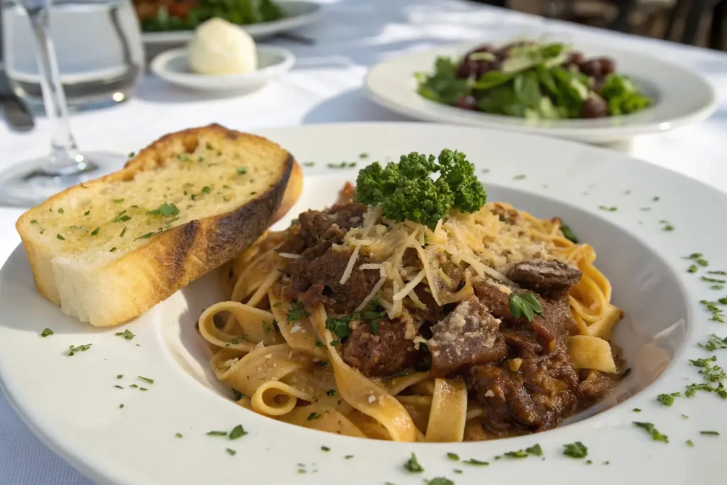 Plated slow-cooked beef pasta topped with Parmesan and parsley, served with garlic bread and salad.