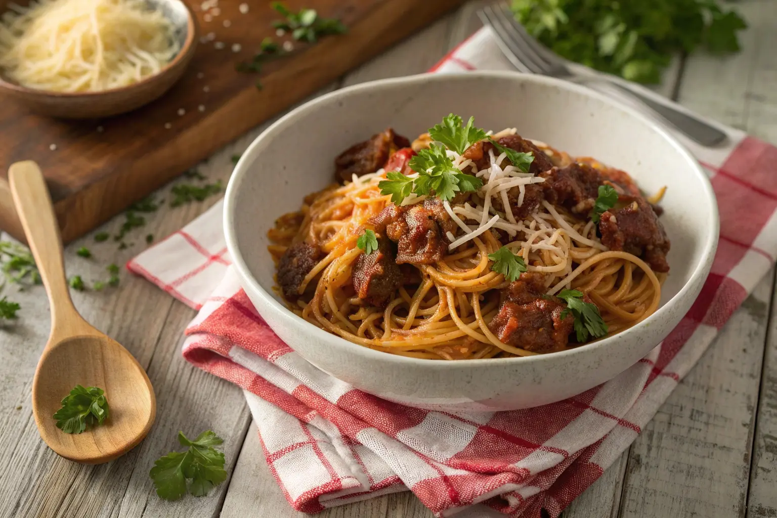 Close-up of a bowl of slow-cooked beef pasta with angel hair, topped with parsley and Parmesan.