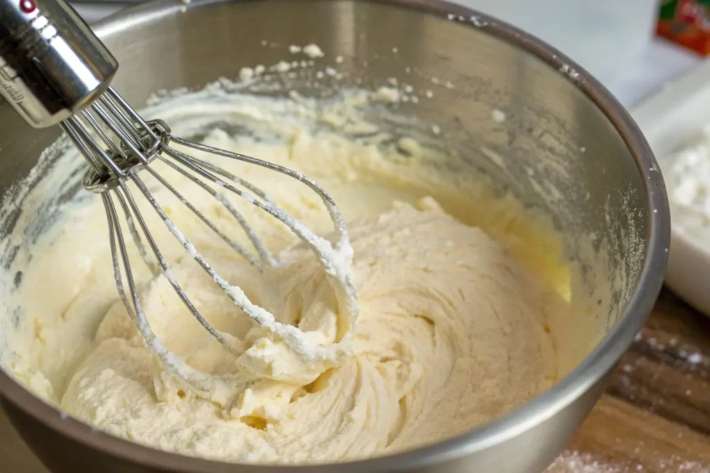 A close-up of a mixing bowl filled with cake batter, showing sour cream and oil being added with a whisk in action, surrounded by baking ingredients on a countertop