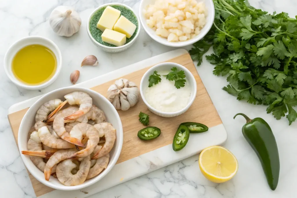 Fresh ingredients for shrimp with garlic sauce, including raw shrimp, garlic cloves, butter, olive oil, parsley, and a lemon.