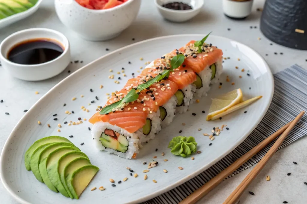 Alaska Roll topped with vibrant salmon slices, garnished with avocado, cucumber, and sesame seeds, plated elegantly on a modern dining table.