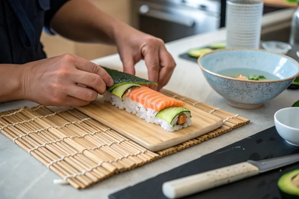 Hands rolling an Alaska Roll with salmon and avocado using a bamboo mat, with a bowl of water and knife nearby.