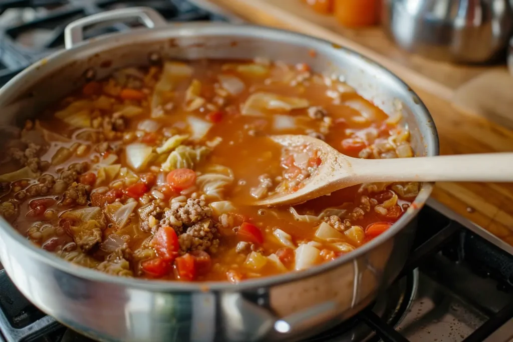 A large pot of simmering cabbage roll soup with tender cabbage, ground beef, rice, and a rich tomato broth, stirred with a wooden spoon.