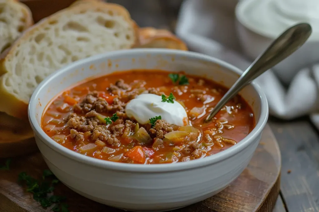 A bowl of cabbage roll soup served with crusty bread, garnished with fresh parsley and sour cream, placed on a rustic wooden table.