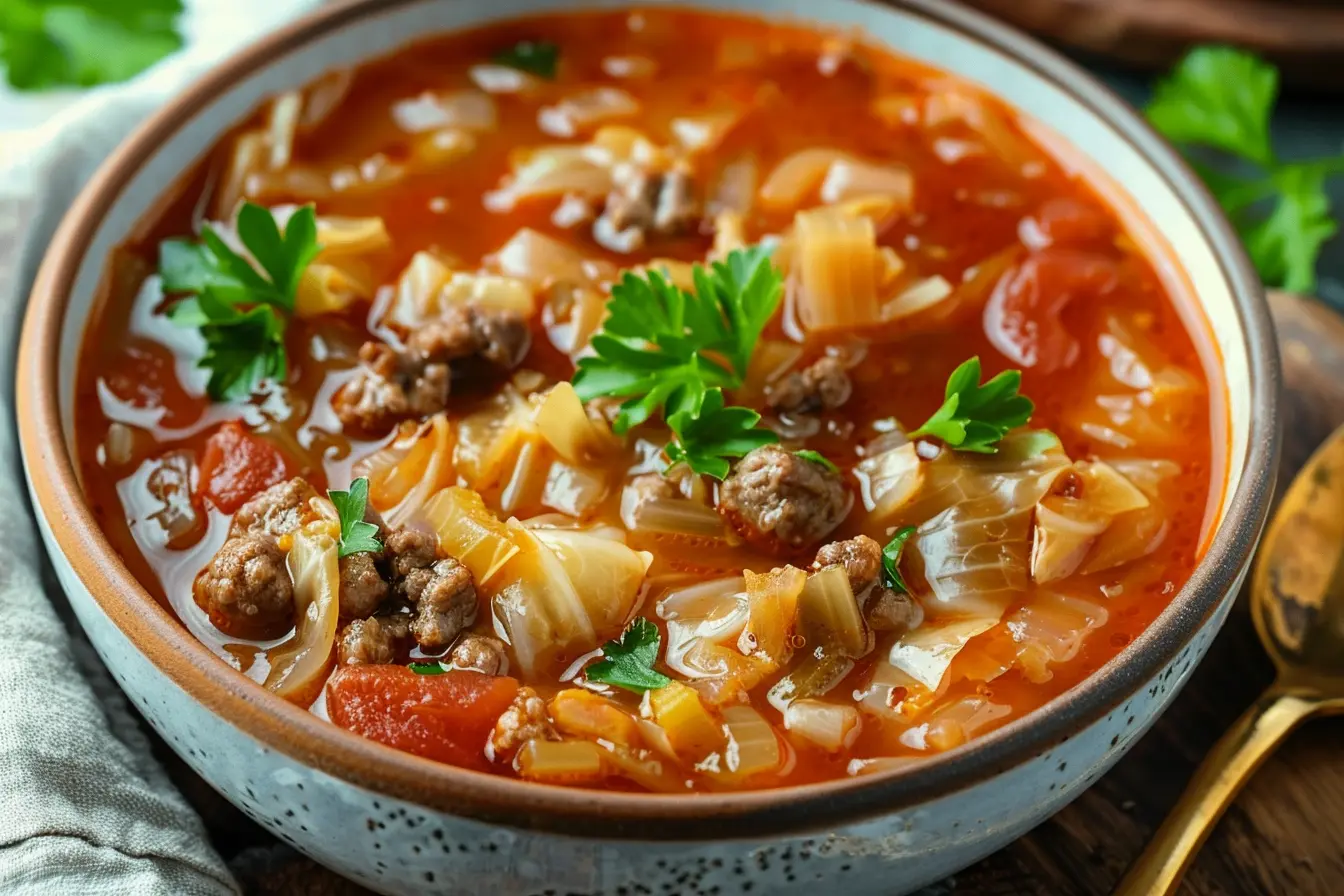 A bowl of cabbage roll soup with ground beef, tender cabbage, and a rich tomato broth, garnished with fresh parsley.