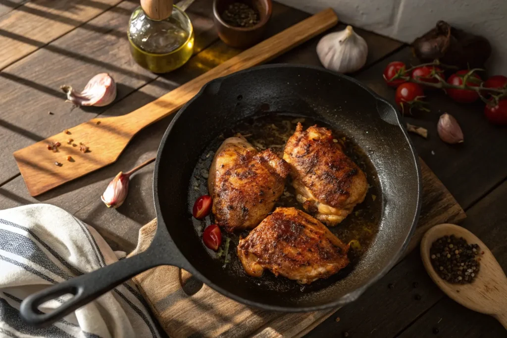 Cajun-seasoned chicken sizzling in a skillet, creating a golden crust, with steam rising from the pan.