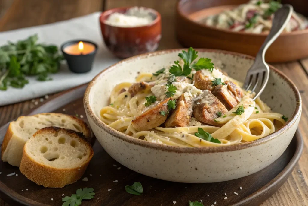 A bowl of creamy Cajun chicken pasta, garnished with parmesan and parsley, served with garlic bread and a fork twirling the pasta.