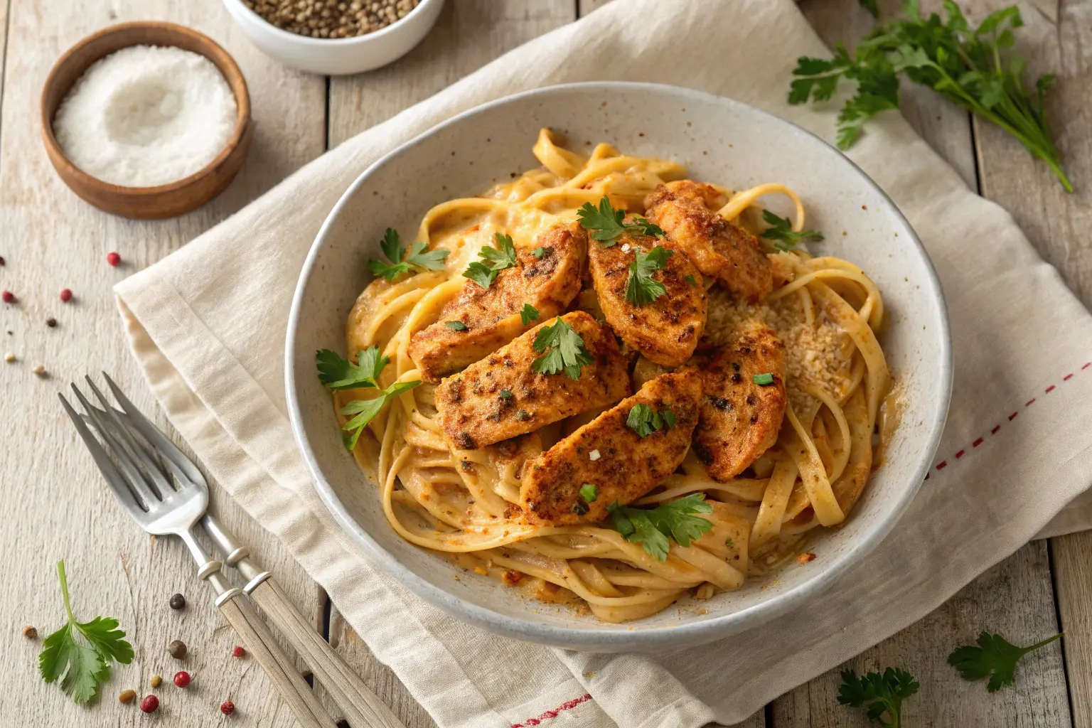 A plate of creamy Cajun chicken pasta with spicy sauce, grilled chicken strips, and parmesan, garnished with fresh parsley.