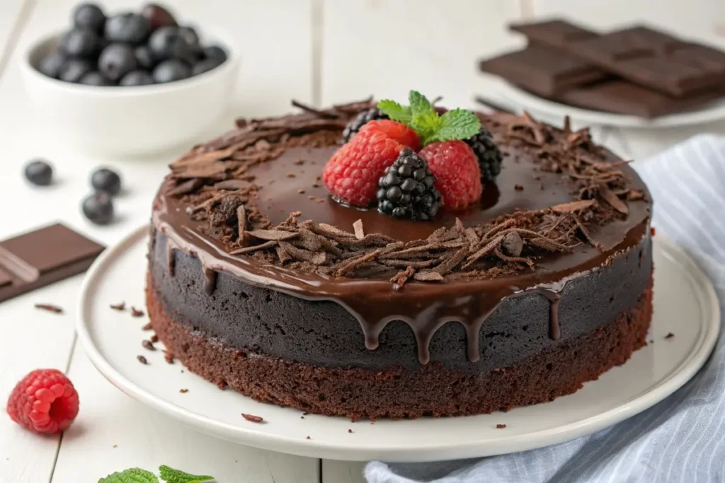 Freshly baked Jovial Chocolate Cake with glossy ganache and berries on a wooden surface.