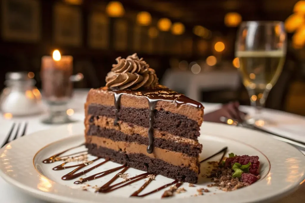 A rich slice of Jovial Chocolate Cake with buttercream frosting and chocolate drizzle.
