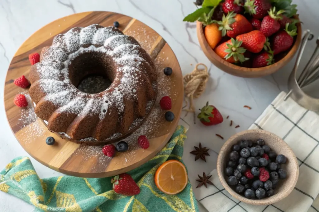 A moist Chocolate Olive Oil Bundt Cake with powdered sugar and fresh fruit on a wooden stand.