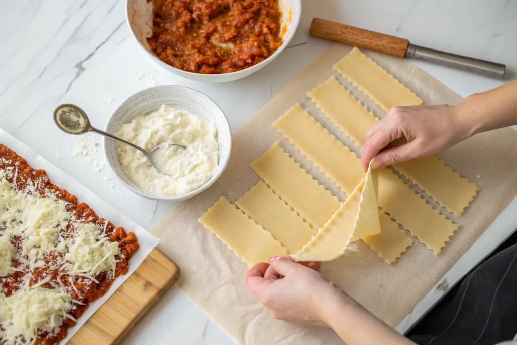 Step-by-step process of making lasagna roll ups, with noodles, ricotta filling, and shredded cheese laid out on a marble countertop.