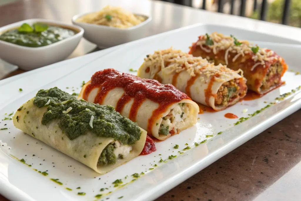 Three variations of lasagna roll ups—marinara, Alfredo, and pesto—plated on a white dish, garnished with fresh basil and Parmesan.