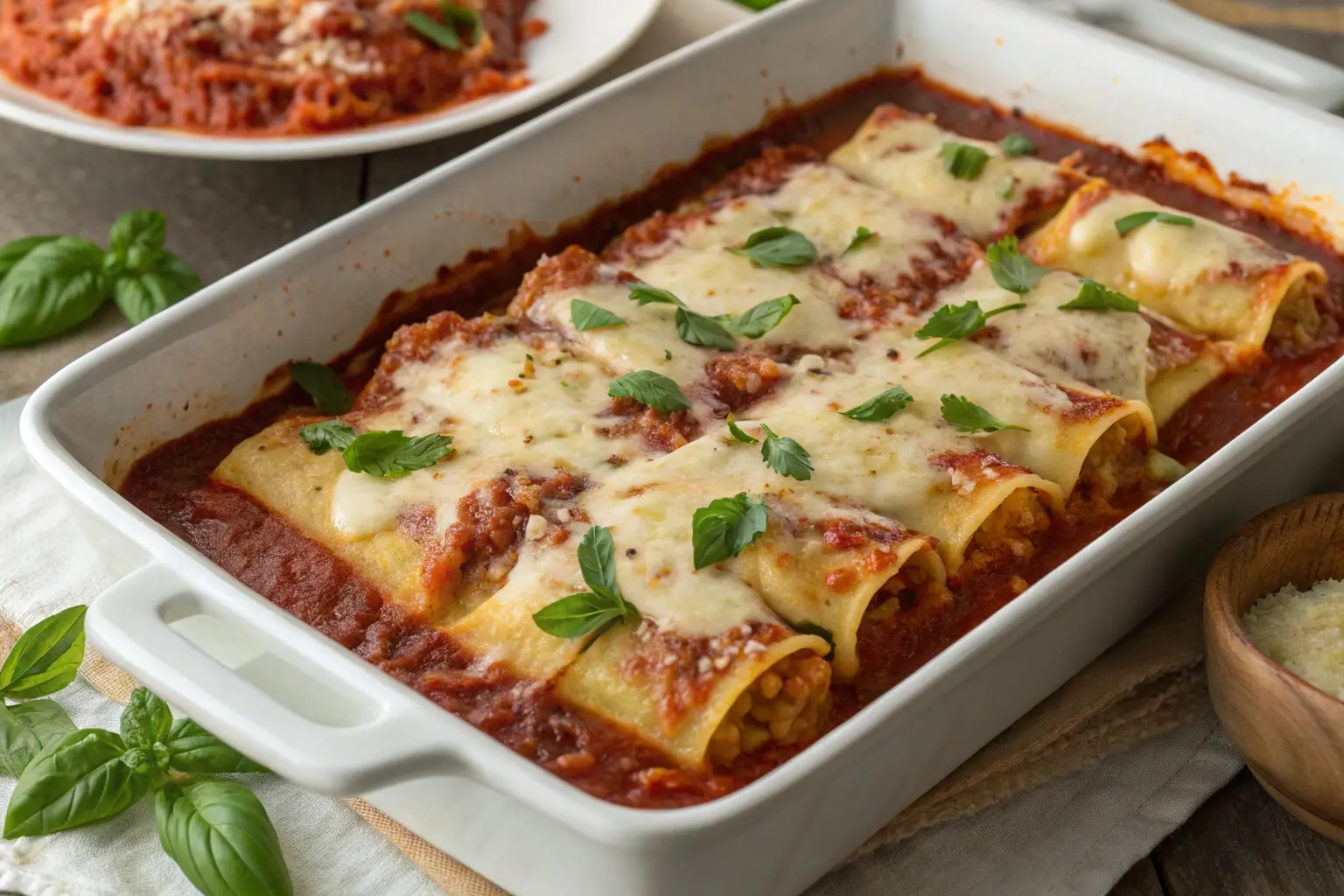 A casserole dish with golden, cheesy lasagna roll ups topped with fresh basil and marinara sauce.