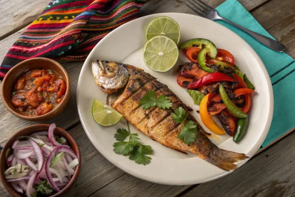 Mexican grilled fish served with lime, grilled peppers, and salsa on a rustic wooden table.