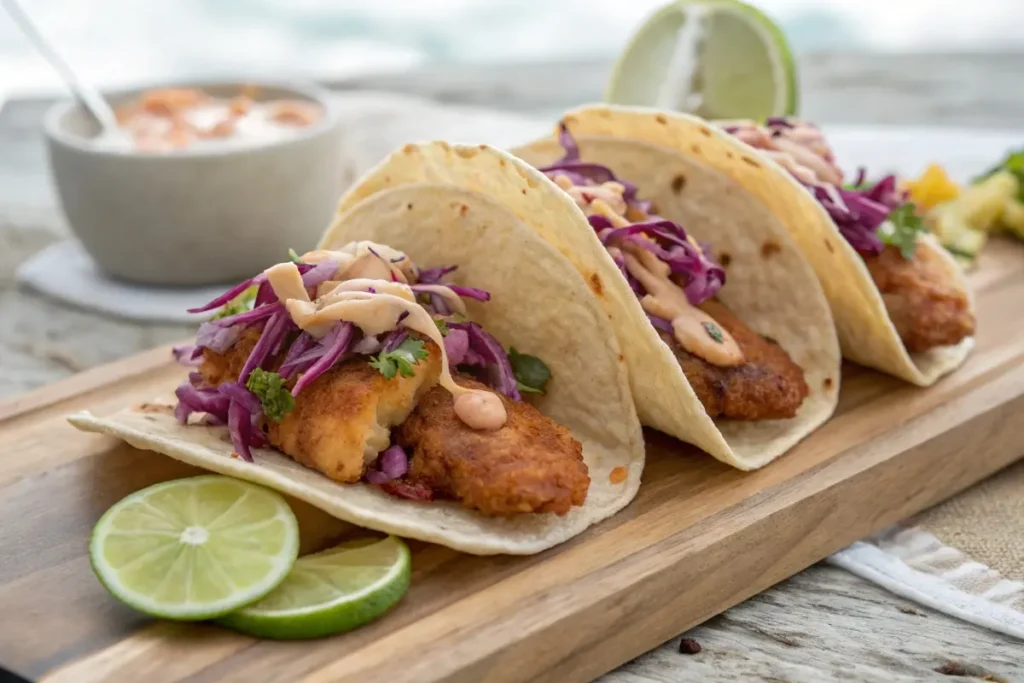 Crispy Baja-style fish tacos with cabbage, chipotle sauce, and lime on a wooden board.