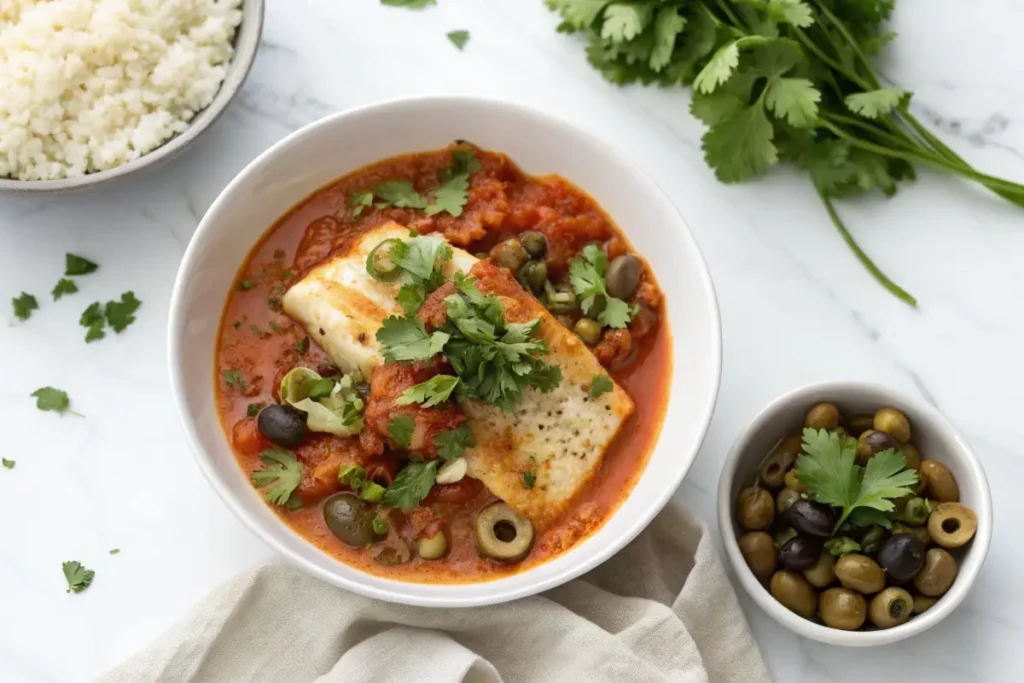 Low-carb Mexican Fish Veracruz with tomato sauce, olives, and cauliflower rice on a white plate.