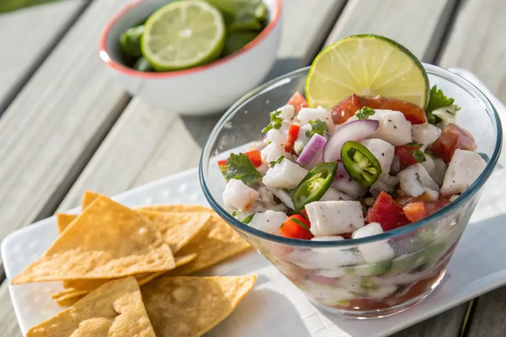 resh Mexican ceviche with diced fish, lime, jalapeños, and tortilla chips in a glass bowl.