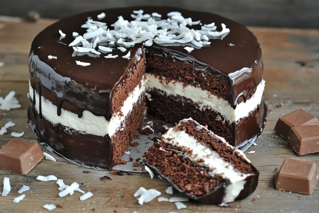 A Mounds candy bar cake with chocolate ganache and coconut filling, sliced and ready to serve.