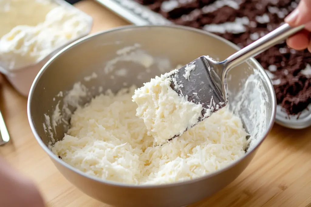 A bowl of creamy coconut filling being mixed for a Mounds candy bar cake.