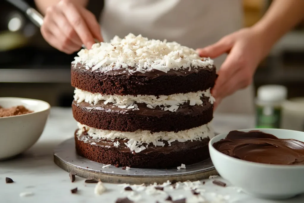 A baker assembling a Mounds candy bar cake, spreading coconut filling between chocolate cake layers.