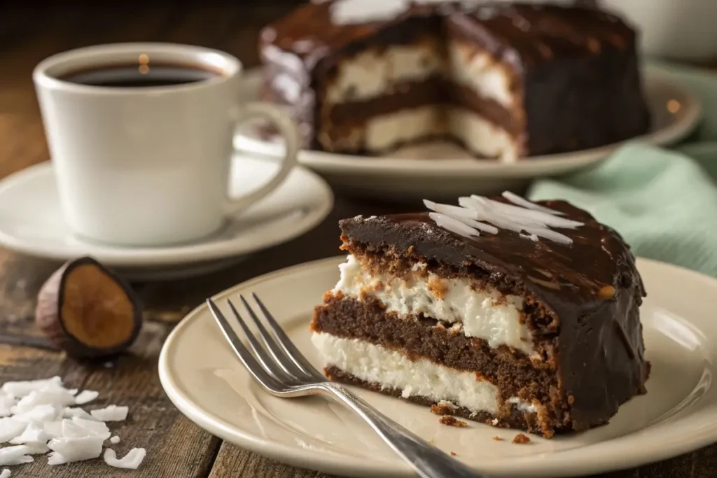A sliced Mounds candy bar cake showing its coconut filling and glossy chocolate ganache, served on a plate.
